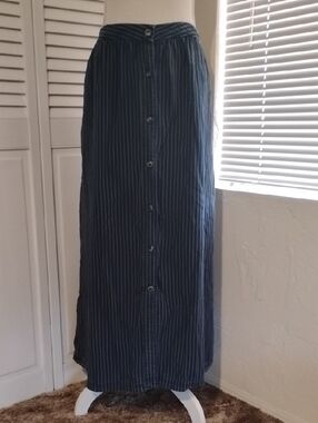 NYDJ Navy Pinstripe Button-Front Maxi Skirt